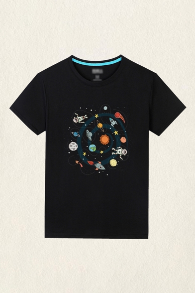 Fancy Mens T-Shirt Planet Spaceship Astronaut Pattern Short Sleeve Round Neck Regular Fitted T-Shirt
