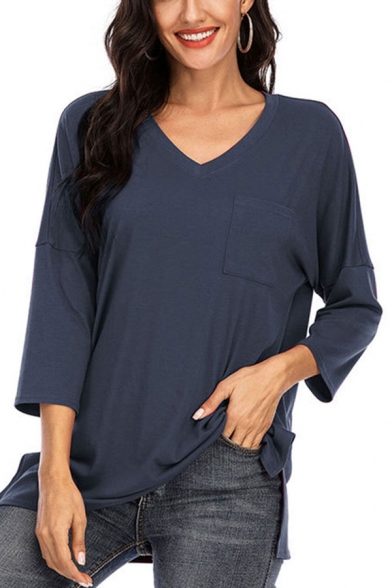 Fashion Plain Three-quarter Sleeve V-neck Slit Sides Loose Fit T Shirt for Girls
