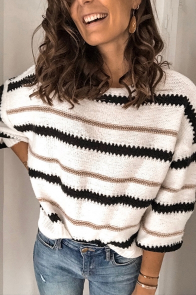 Fashionable Womens Striped Color Block Round Neck Full Sleeve Relaxed Fit Knit Pullover Sweater Top