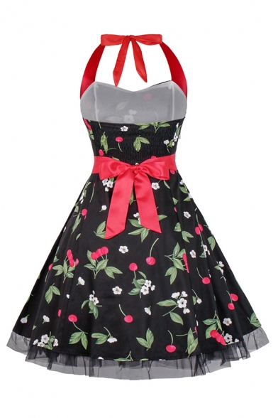 Glamorous Ladies Cherry Printed Pleated Bow Backless Patchwork Mesh Trim Straps Halter Sleeveless Midi Swing Dress