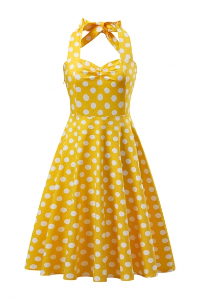 Hepburn Style Girls Polka Dot Print Bow Tied Halter Ruched Mid Pleated A-line Dress in Yellow