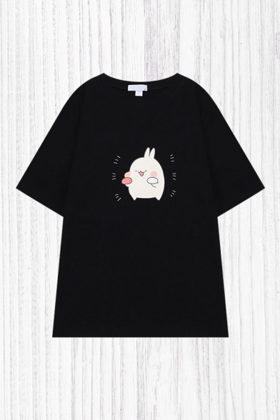 Leisure Cartoon Bunny Print Short Sleeve Crew Neck Relaxed Fit Tee Top for Girls