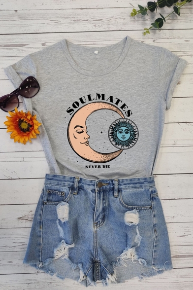 Leisure Girls Letter Soulmates Cartoon Sun and Moon Graphic Roll Up Sleeve Crew Neck Fit T Shirt