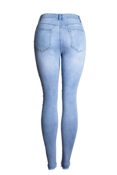 Light Blue New Stylish Beading Embellished Stretch Fit Slim Fit Jeans for Women