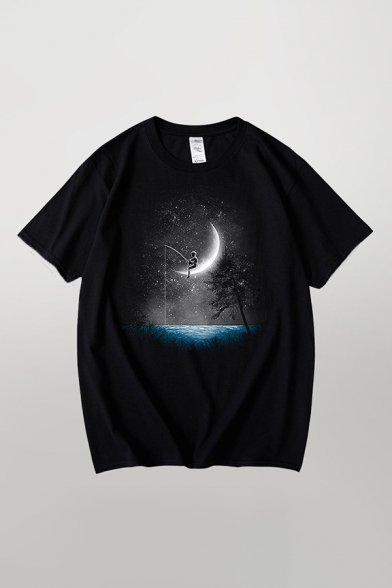 Mens Cozy T-Shirt Galaxy Figure Fishing Moon Pattern Short Sleeve Crew Neck oversized Tee Top