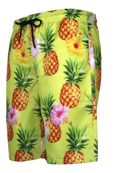 Mens Fashionable Shorts Floral Pineapple 3D Print Drawstring Straight Fitted Knee Length Relaxed Shorts with Pockets