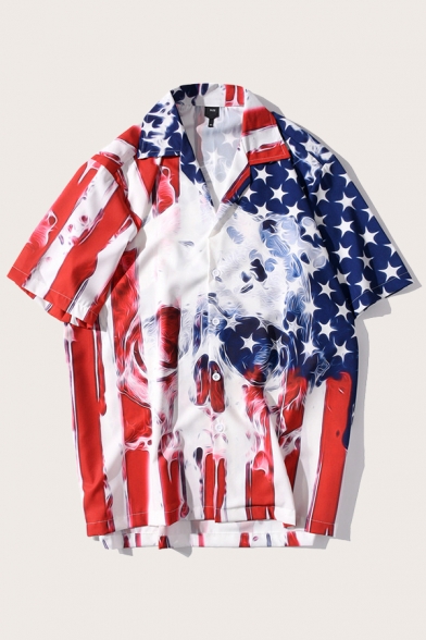 Mens Simple Shirt Skull American Flag Pattern Button up Loose Fitted Notch Collar Short-sleeved Shirt