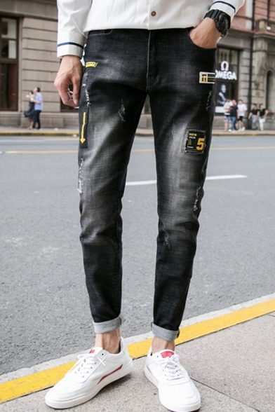 New Fashion Embroidery Patched Stretch Skinny Black Ripped Jeans for Men