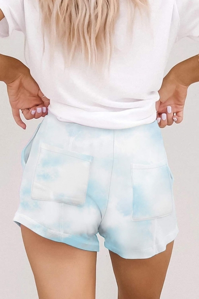 Novelty Tie Dye Printed Pockets Back Drawstring High Rise Mini Shorts for Womens