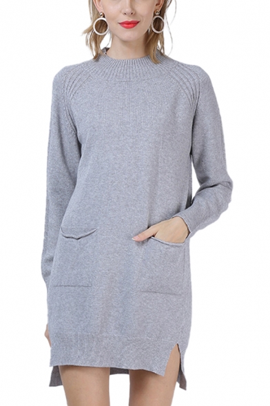 Novelty Womens Plain Split Side Two-Pocket Mock Neck Long Sleeve Loose  Tunic Pullover Sweater Knitwear