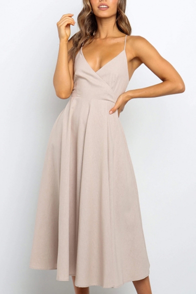 Popular Ladies Solid Color Spaghetti Straps Surplice Neck Bow Tied Back Mid Pleated A-line Slip Dress