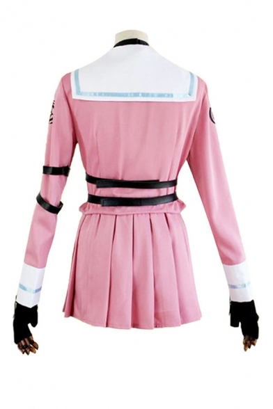 Pretty Girls Leather Straps Long Sleeve Contrasted Bow Sailor Collar Fit Top & Mini Pleated Skirt Co-ords in Pink