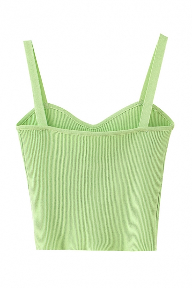 Pretty Knit Solid Color Sweetheart Neck Spaghetti Straps Slim Fit Crop Cami Top for Girls