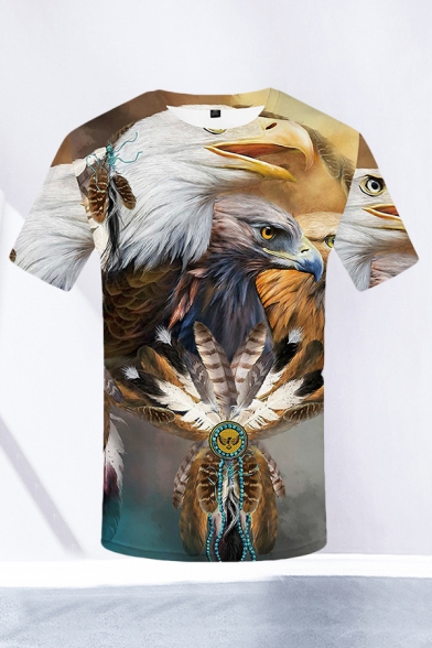 Retro Mens 3D Tee Top Eagle Feather Pattern Slim Fitted Short Sleeve Crew Neck Tee Top