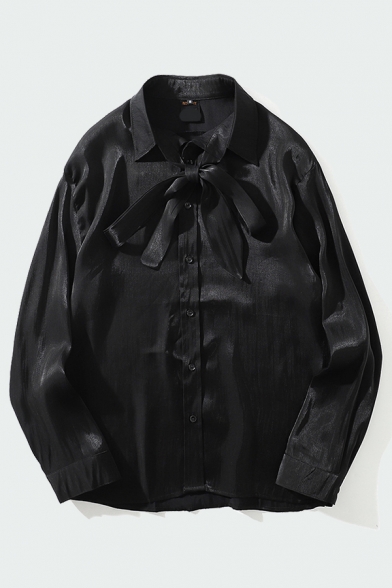 Simple Mens Shirt Flow Light Pattern Lace-up Button up Long Sleeve Oversized Spread Collar Silk Shirt