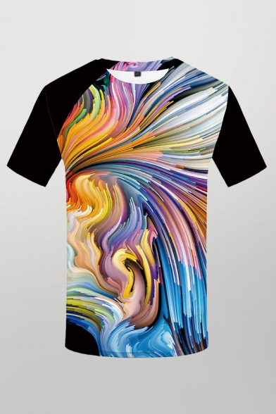 Stylish Mens 3D T-Shirt Color Block Twisted Multicolor Line Pattern Regular Fit Short-sleeved Crew Neck Top Tee