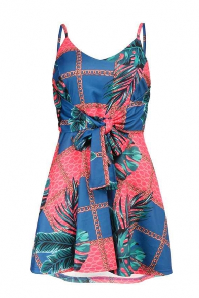 Summer's Tropical Leaves Printed Sleeveless Stripes Bow Tie Waist Mini Bodycon Tube Dress