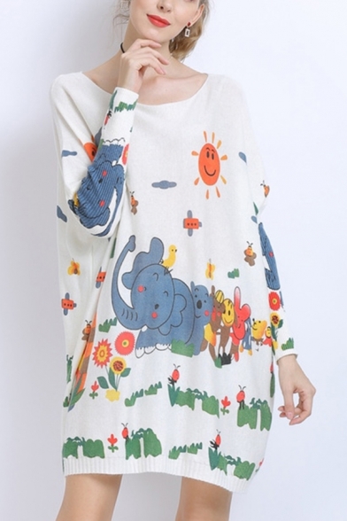 Trendy Womens Cartoon Elephant Sun Printed Boat Neck Batwing Long Sleeve Relaxed Fit Tunic Pullover Knitwear Top