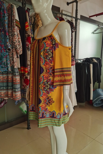 Womens Fashion Beach Off the Shoulder Half Sleeve Tribal Print Shift Cami Midi Dress