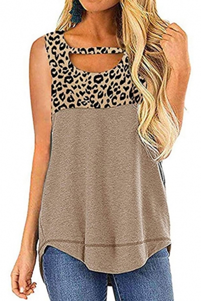 Casual Womens Leopard Print Round Neck Cut out Patchwork Curved Hem Relaxed Fit Tank Top