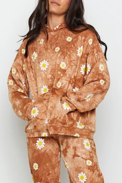 Fashionable Girls All Over Daisy Flower Printed Long Sleeve Kangaroo Pocket Oversize Hoodie