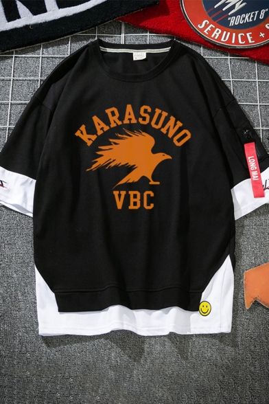 Fashionable Letter Karasuno Vbc Eagle Graphic Patchwork Short Sleeve Crew Neck Loose Fit T Shirt