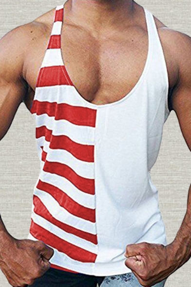 Fashionable Mens Tank Top Colorblock Striped Printed Sleeveless Scoop Neck Slim Fitted Tank Top