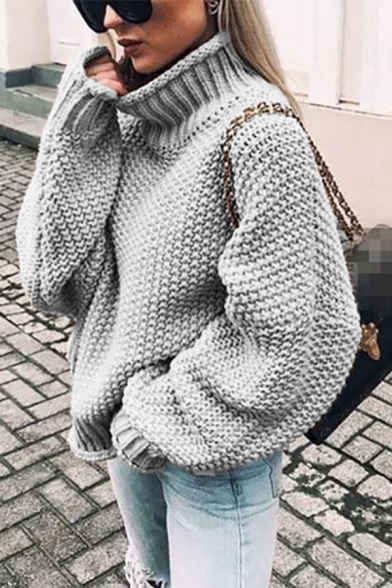 Fashionable Womens Plain High Neck Full Sleeve Relaxed Knitted Pullover Sweater Top
