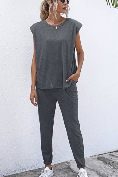 Formal Womens Solid Color Short Sleeve Crew Neck Loose T Shirt & Ankle Slim Fit Pants Set