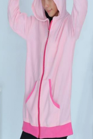 Girls Cute Pink Unicorn Design Long Sleeve Zip Up Fitted Hoodie