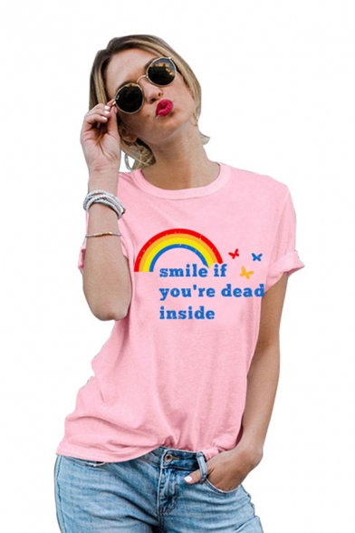 Leisure Girls Letter Smile If You're Dead Inside Rainbow Graphic Short Sleeve Crew Neck Slim Fit Tee Top