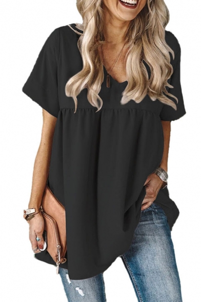 Leisure Solid Color Short Sleeve V-neck Ruched Relaxed Fit T Shirt for Women