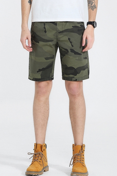 Mens Relax Shorts Fashionable Camo Embroidered Knee-Length Zipper Fly Regular Fitted Relax Shorts