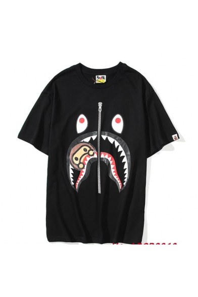 New Fashion Shark Glasses Pattern Round Neck Short Sleeve Loose T-Shirt
