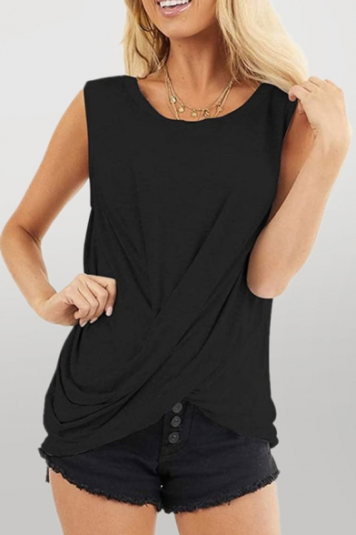 New Stylish Plain Twist Front Crew Neck Sleeveless Relaxed Fitted Tee Top for Ladies