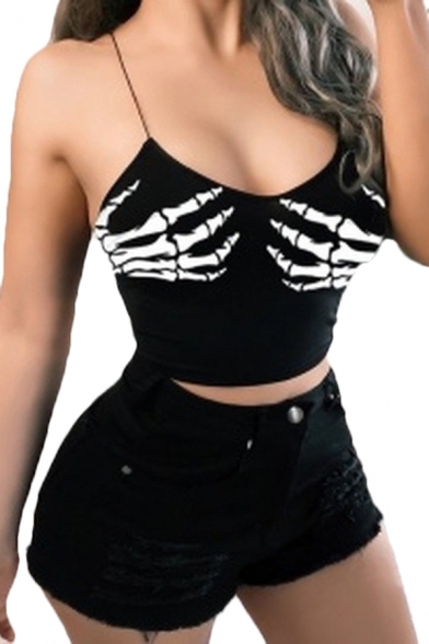 Novelty Womens Skeleton Printed Open Back Spaghetti Straps Sleeveless Slim Fitted Crop Cami Top