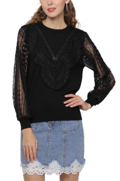 Popular Sheer Mesh Patchwork Lace Round Neck Short Sleeve Regular Fit Pullover Knitwear Top for Women