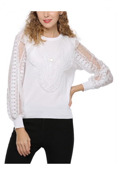 Popular Sheer Mesh Patchwork Lace Round Neck Short Sleeve Regular Fit Pullover Knitwear Top for Women