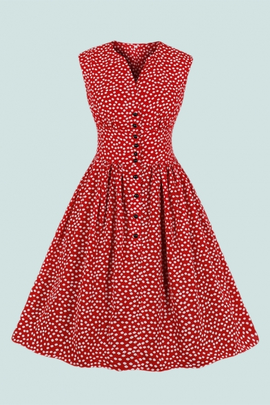 Popular Womens Polka Dot Print Sleeveless V-neck Button up Mid Pleated Swing Dress