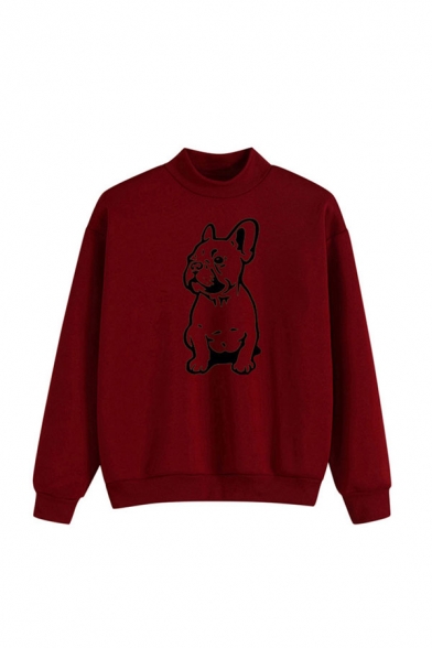 Preppy Look Cartoon Dog Print LongSleeve Round Neck Relaxed Fit Pullover Hoodie