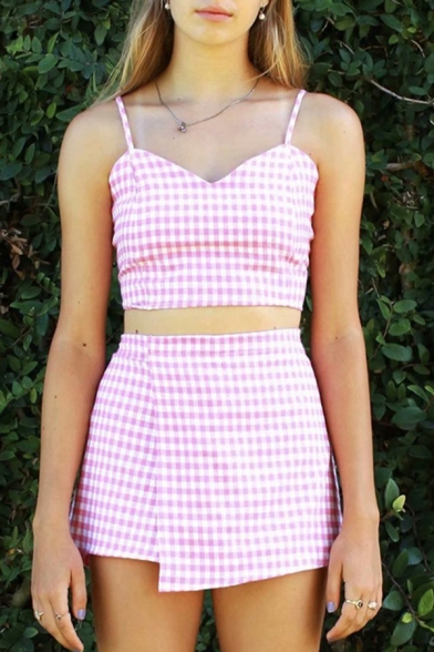 Pretty Ladies Checkered Print Spaghetti Straps V-neck Tied Back Fit Crop Cami & Mini Wrap Skirt Set in Pink