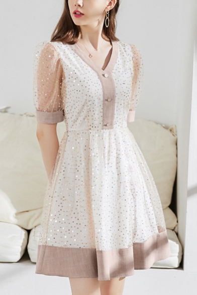 Pretty Ladies Sequins Sheer Mesh Short Sleeve V-neck Button up Contrasted Ruffled Short Pleated A-line Dress in White