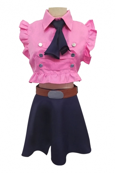 Sexy Anime Stringy Selvedge Sleeveless Point Collar Tied Metallic Button Regular Crop Shirt & Short A-line Skirt Set in Pink