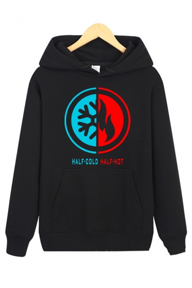 Simple Letter Half Cold Half Hot Contrasted Graphic Long Sleeve Relaxed Fit Hoodie