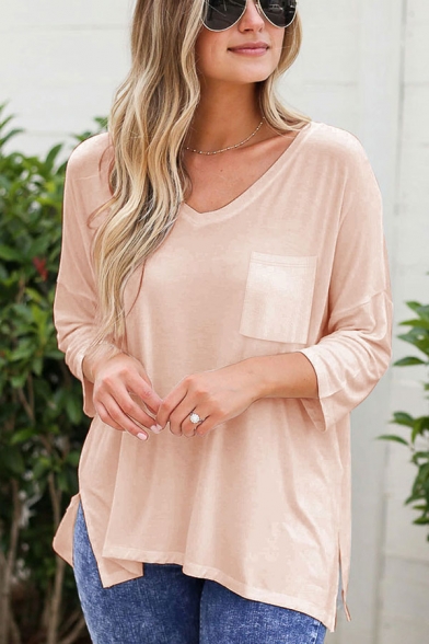 Simple Summer Plain Slit Side Pocket V Neck 3/4 Sleeve Loose Fit Tunic Tee Top for Womens