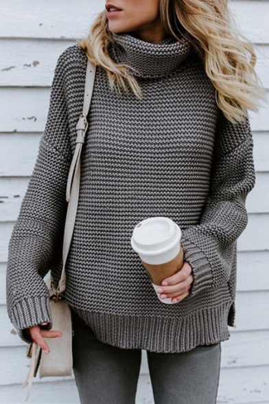 

Stylish Ladies Long Sleeve Cowl Neck Asymmetric Chunky Knit Oversize Pullover Sweater in Grey, Gray, LM580581