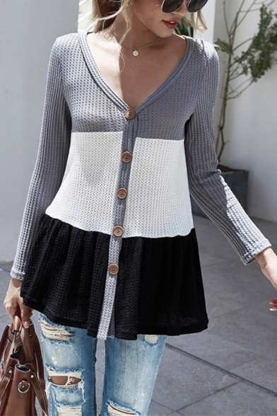 Stylish Waffle Solid Color Long Sleeve V-neck Button Up Relaxed Knit Top in Gray