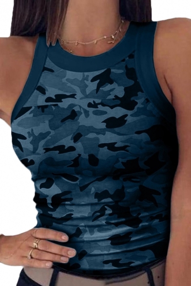 Stylish Womens Camo Printed Racerback Round Neck Sleeveless Slim Fitted Tank Top