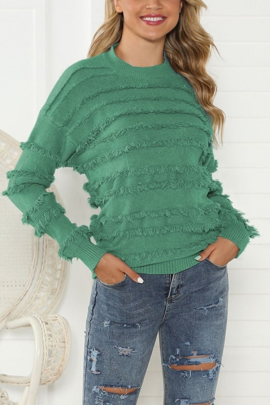 Stylish Womens Tassel Long Sleeve Crew Neck Knitted Relaxed Plain Pullover Sweater