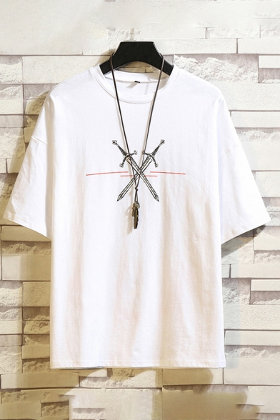 Trendy Mens T-Shirt Sword Dragon Printed Short-sleeved Crew Neck Loose Fit T-Shirt